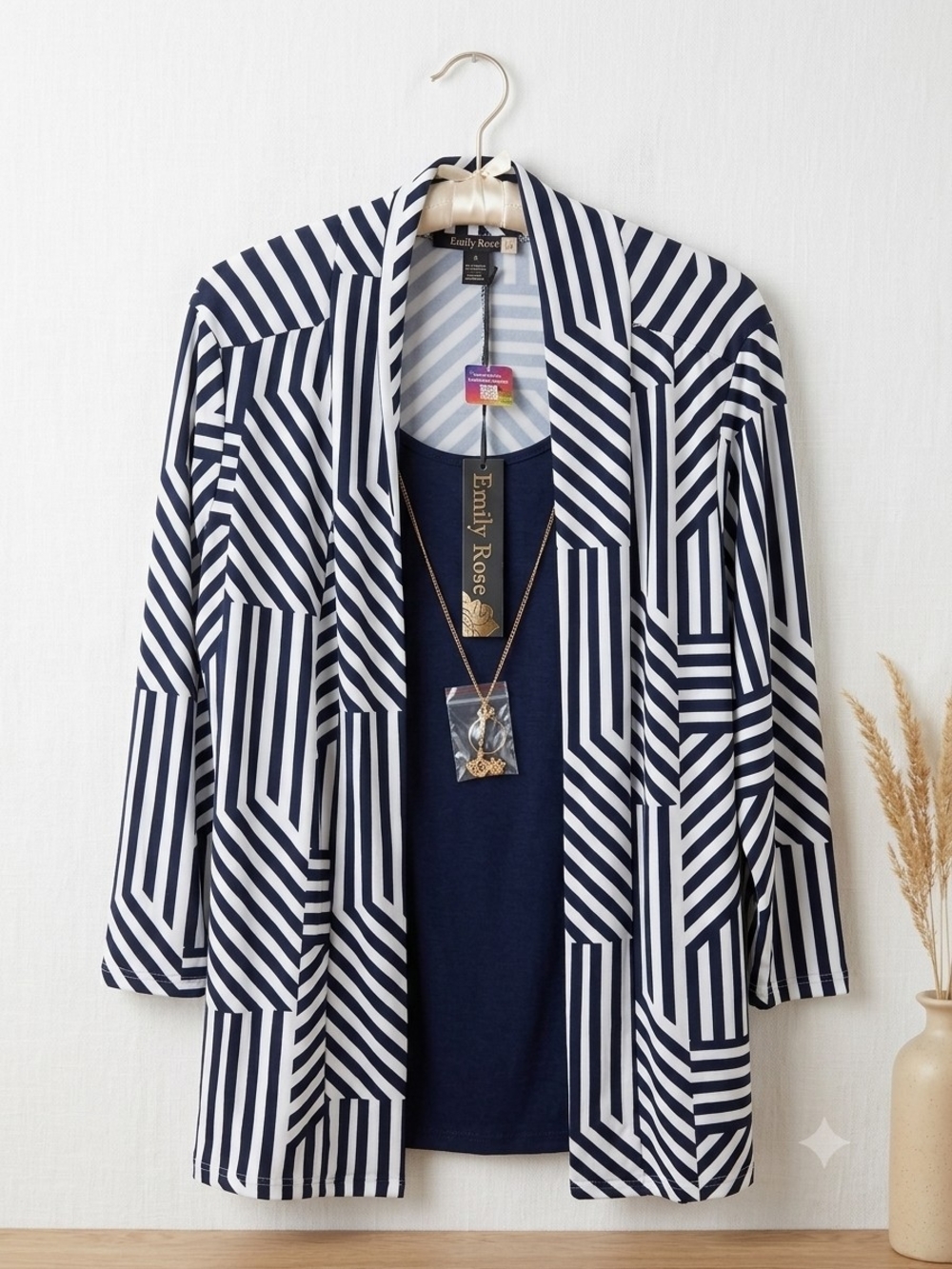 Emily Rose Navy and White Geometric Stripe Open Cardigan